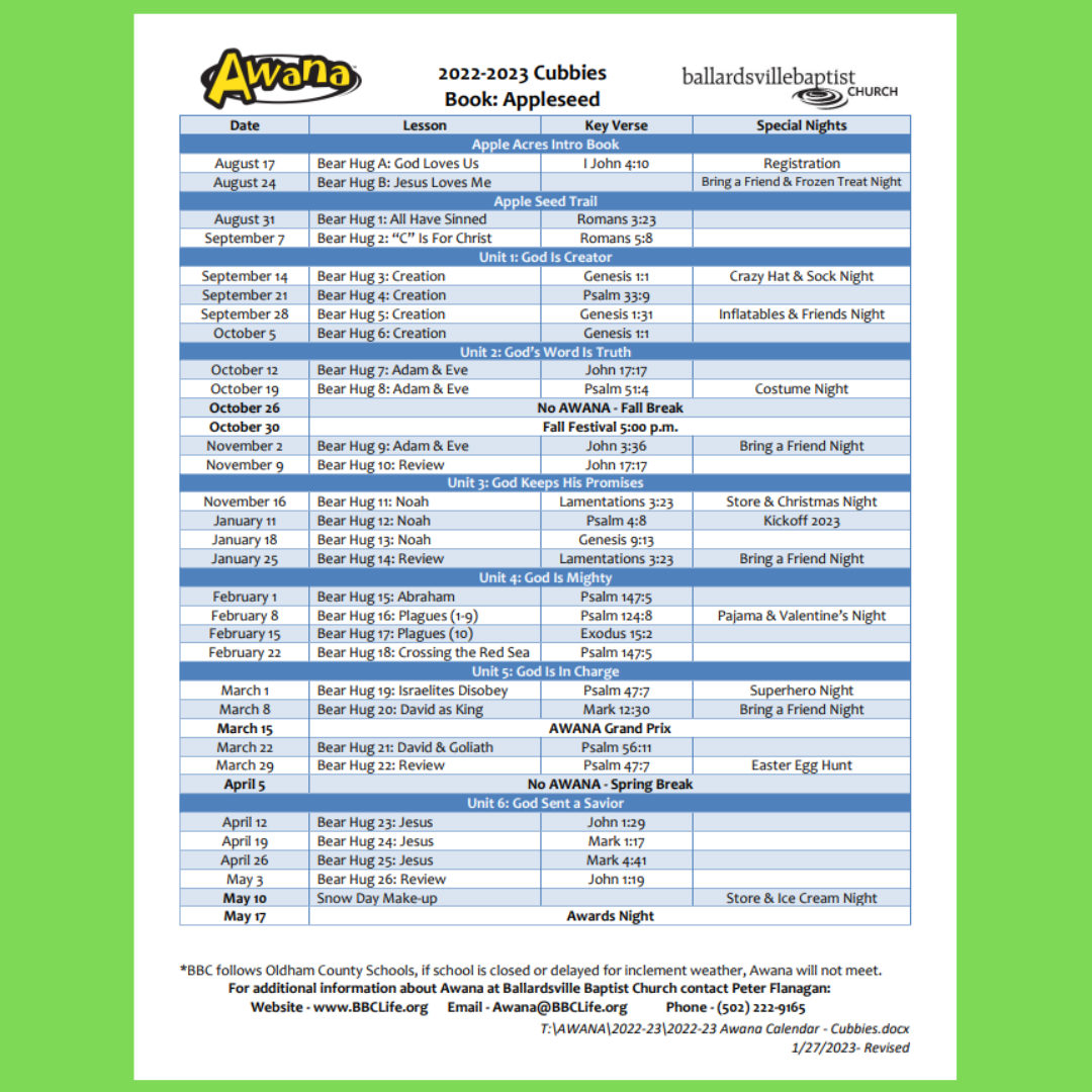 Cubbies calander 22-2023